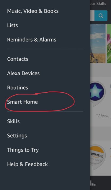 Smart Home menu i Alexa app